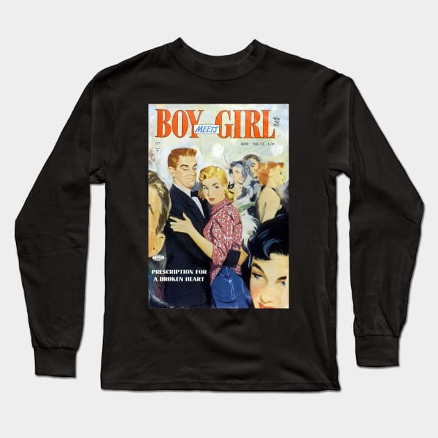 Vintage Romance Comic Book Cover - Boy Meets Girl Long Sleeve T-Shirt by Slightly Unhinged
